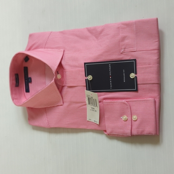 Tommy Hilfiger Men's Long Sleeve Shirt Coral pink White Striped Size 15 32-33 - Picture 1 of 8